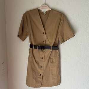 H&M khaki cotton safari style v neck dress size Small